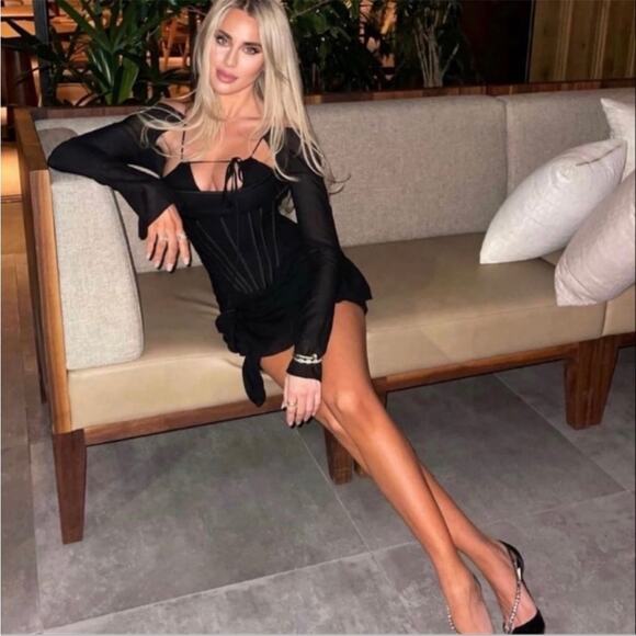 House of CB Black Silk Gianna Corset Cold Shoulder Long Sleeve Body-Con Dress S - Picture 10 of 13